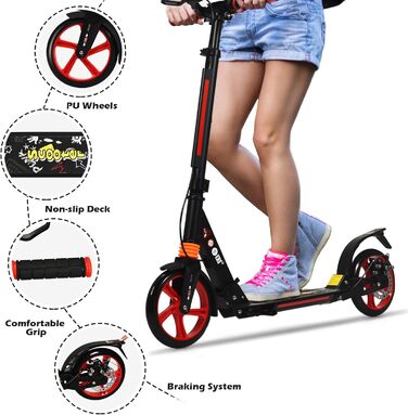 Скутер DREAMADE з алюмінію з колесами 200 мм PU, міський ролер з подвійною підвіскою та ременем, складаний та регульований за висотою для дорослих, підлітків та дітей від 8 років, чорний