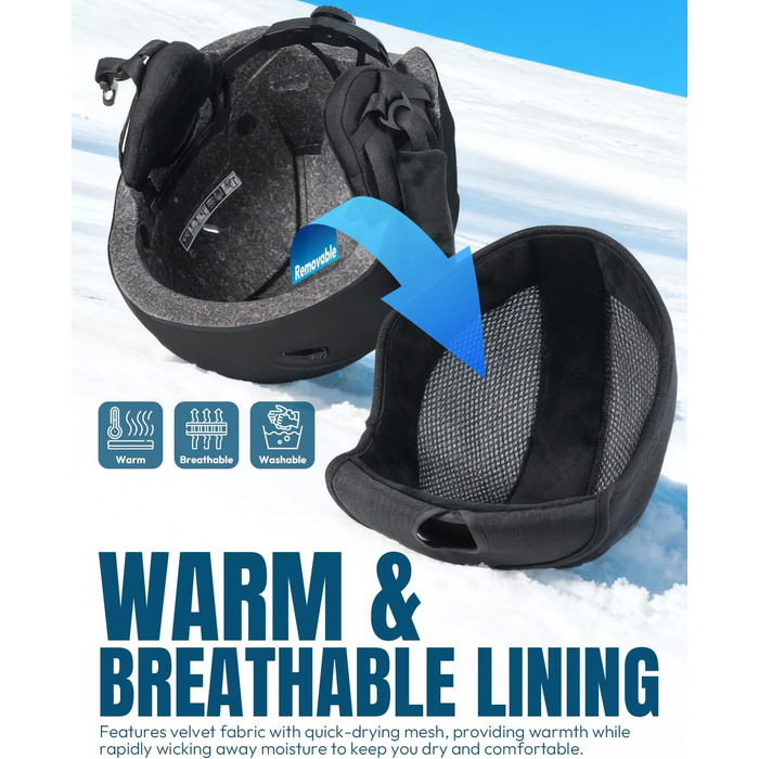 Шолом для лижного спорту, унісекс, чорний, 59-61 см. Регульований, з 12 вентиляційними отворами та знімним підкладкою та навушниками