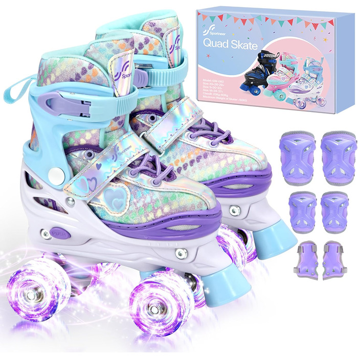 Дитячі ролики Sportneer з захистом, регульовані ролики з 8 світлими колесами, для дівчаток, дітей, підлітків, початківців, для занять в приміщенні та на вулиці, фіолетовий S (EU 30-33)
