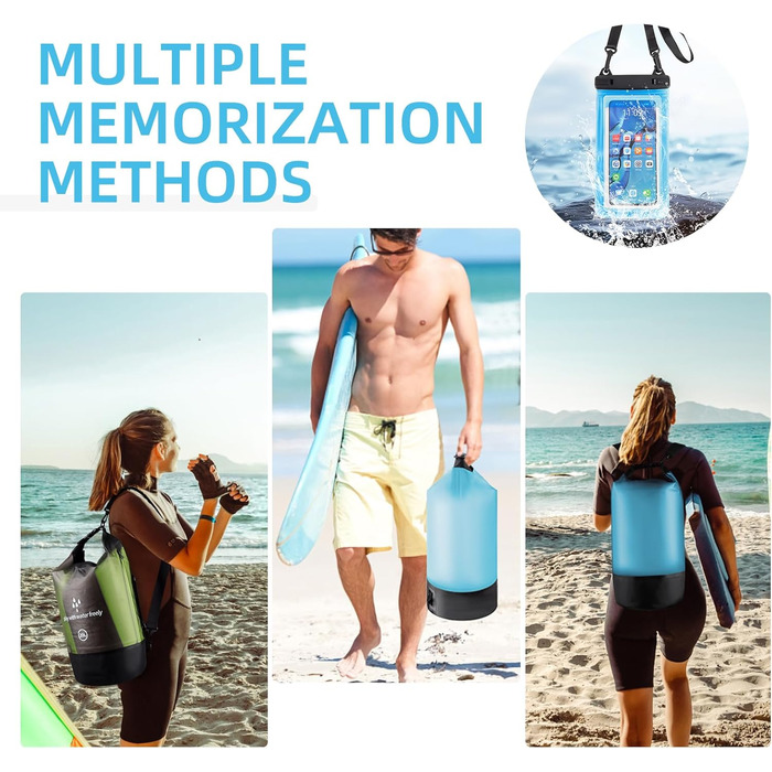 Водонепроникний сухий мішок GES 20 л Roll-Top з кишенею для телефону - для каякінгу, сплаву, кемпінгу та риболовлі (Світло-блакитний)