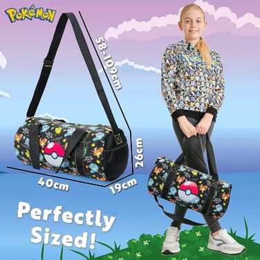 Дитяча спортивна сумка Pokemon – велика дорожня сумка з ручками та плечовим ременем, чорна/різнокольорова для хлопчиків і дівчаток