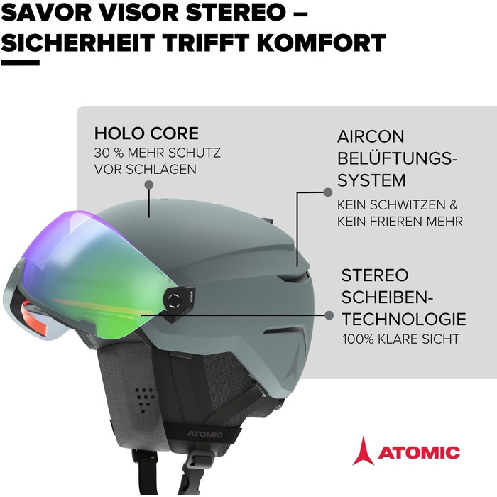 Гірськолижний шолом ATOMIC Savor Visor Stereo з візором, максимальне поглинання ударів, вентиляція Aircon, дзеркальна лінза, розмір 51-55, чорний