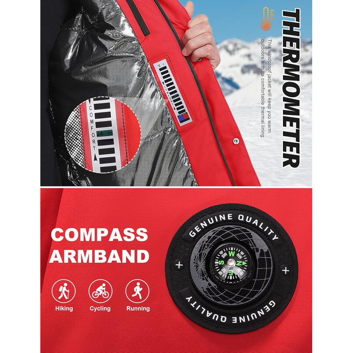 Водонепроникна зимова куртка Voqeen для чоловіків, тепла сноуборд куртка з капюшоном, вітрозахисна Outdoor куртка з термо функцією, Softshell Windbreaker для туризму, червона, XL