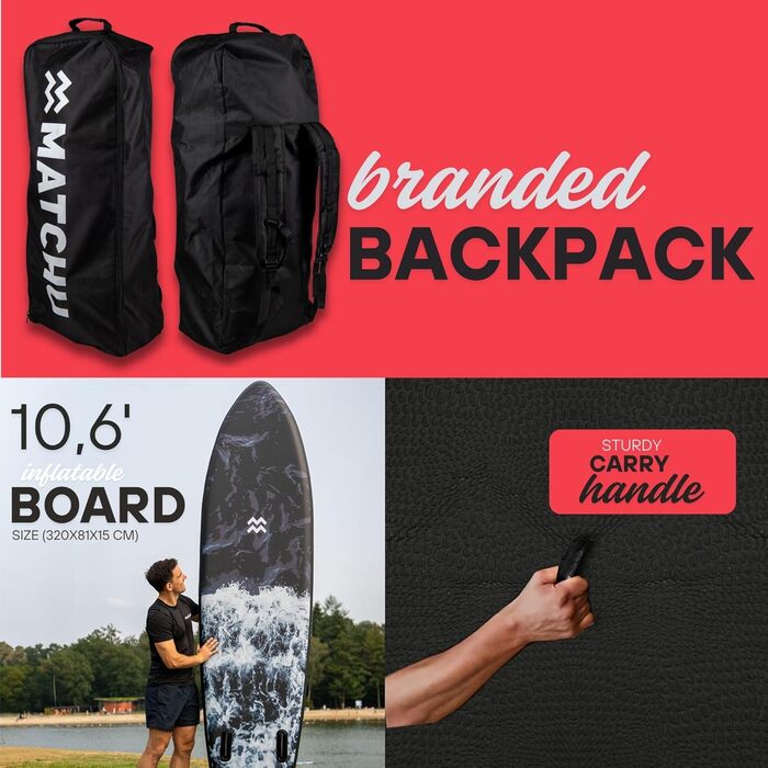 SUP дошка Matchu для плавання стоячи (Stand Up Paddling) – Комплект, до 150 кг, 320x81x15 см, з антиковзким покриттям