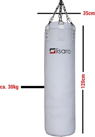 Боксерський мішок Lisaro Premium 120x35 см, 30 кг, наповнений, чорний/білий, для боксу, MMA, єдиноборств, з 6-точковим сталевим ланцюгом