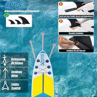 Надувний SUP Борд для вейкбордингу (2+1 особи/сім'ї), Surfboard для дорослих, вантажопідйомність до 150 кг, повний комплект з веслом, плавниками та рюкзаком (SUP20YG-Blue White)