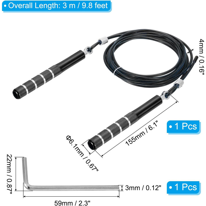 Стрибкове канат PATIKIL для фітнесу з підшипниками, алюмінієва ручка та ключ, для аеробіки (чорний)