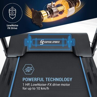 Capital Sports Pacemaker F60: Складаний біговий тренажер з широкою біговою зоною, тихий та самозмащуваний, з пульсометром та Bluetooth, чорний