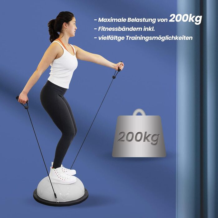 Балансувальний м'яч DH FitLife для йоги та фітнесу, діаметр 60 см, до 200 кг, напівсфера з насосом і 2 фітнес-стрічками, сірий