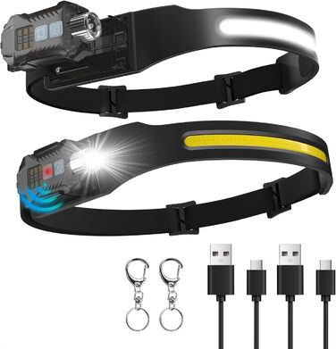 LED налобний ліхтар налобний ліхтар з акумулятором, 400 люмен, 230° широкий кут, датчик, знімний, 9 режимів світла, водонепроникний IPX65, для піших прогулянок, кемпінгу, бігу (2 шт.)