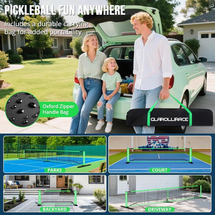 Набір для гри в піклбол 3-в-1 портативний, розмір 22x10x4 фути, сітка PE + металевий каркас, для будь-якої погоди та вітру, внутрішнє та зовнішнє використання, флуоресцентний зелений