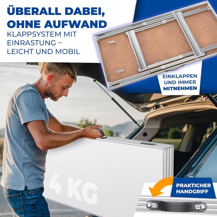 KESSER® Багатофункціональний стіл Profi 3-частини 100x60 см, білий - розкладний стіл для дому, ярмарку, кемпінгу, з навантаженням до 90 кг