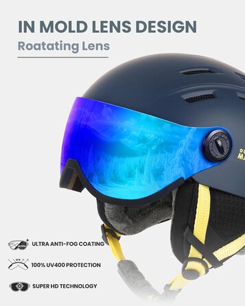 Шолом Outdooraster для сноуборду та лиж, маска 2-в-1, знімна, захисний EPS, 14 вентиляційних отворів, для чоловіків, жінок та підлітків (блакитний, розмір M)