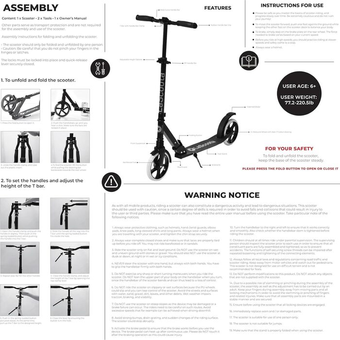 Lascoota Роликовий самокат для дітей від 8 років - дорослий, складний, регульована висота, амортизація переднього колеса, ремінь на плече, колеса 20 см, великий самокат для підлітків, колір: блакитний