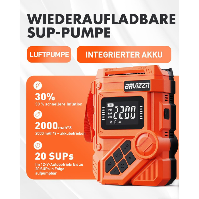 Електричний насос для SUP дошки 12V, 22 PSI, з акумулятором 59.2Wh, Type-C, 7 насадок, помаранчевий