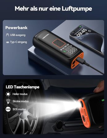 TECKNET електричний компресор 6000mAh, насос 150 PSI для авто, велосипедів, мотоциклів, м'ячів, з манометром, павербанком та ліхтариком