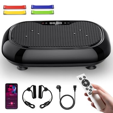 Вібраційна платформа для дому з 9 режимів, 120 рівнів інтенсивності, 4 еластичними стрічками, 150 кг, Bluetooth та пультом ДУ