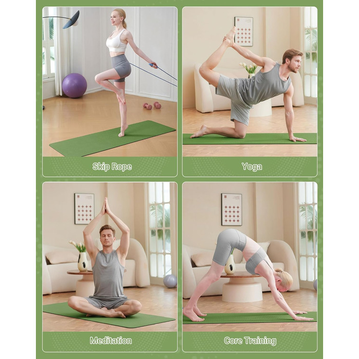 Килимок для гімнастики, йоги та фітнесу: тренувальний мат з неслизькою поверхнею 183 x 61 x 0.6 см (зелений/чорний)