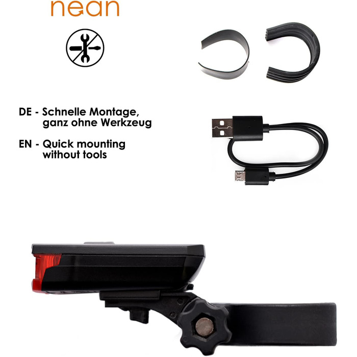 Фронтліхтар Nean CREE LED з акумулятором, світлодіодний велосипедний ліхтар з авторегулюванням та стоп-сигналом, 60 люкс, 6 cd, StVZO, велосипедна лампа, фара, задній ліхтар