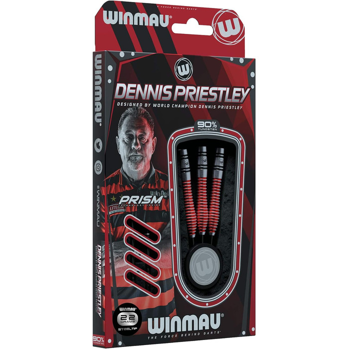 Дартс WINMAU Dennis Priestley, 22 г, професійний, вольфрамовий, сталевий наконечник, комплект з оперенням і шафтами