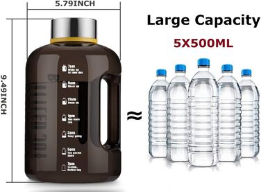 Спортивна пляшка для води Vennerli 2,5 л з ручкою та позначками часу, чорна, витокозахисна