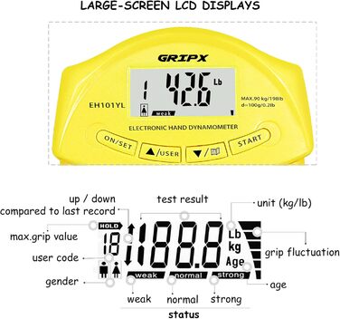 Електронний динамометр GRIPX для вимірювання сили стиску руки, 90 кг / 198 lbs (жовтий)