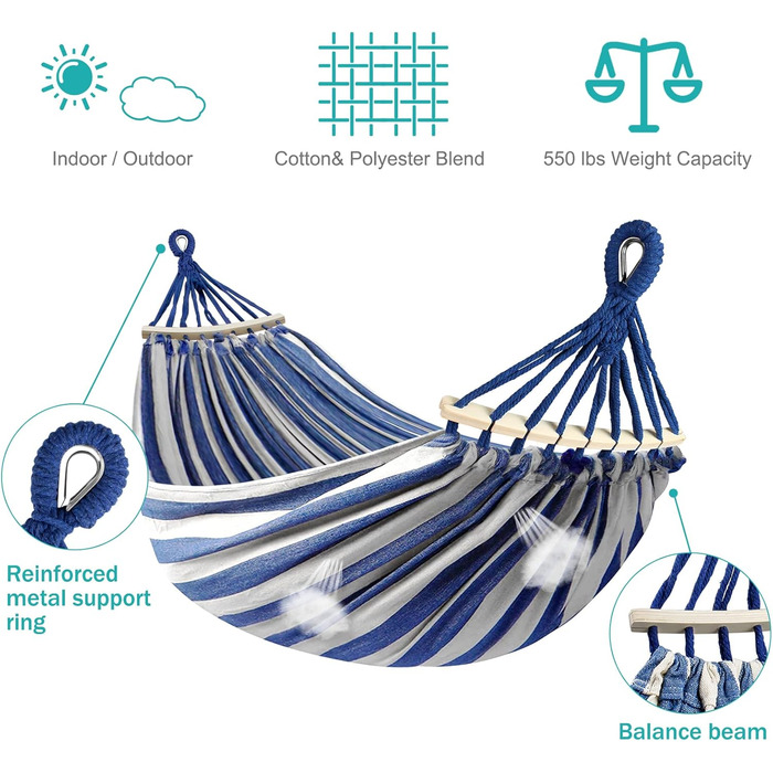 Гамак для відпочинку на відкритому повітрі: кемпінговий гамак з дерев'яною перекладиною, ременями та сумкою. Підходить для дому, балкону, тераси, саду, подорожей з рюкзаком. Колір: блакитний