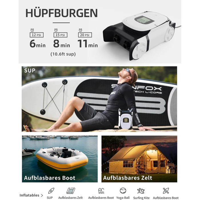 Насос для SUP-дошки GICLE 22PSI: електричний, портативний, для надувних SUP-дошок, човнів та водного спорту (білий/чорний)