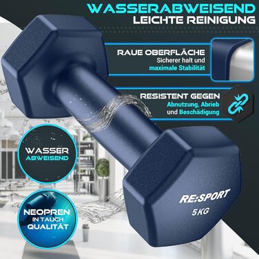 Набір гантелей RE:SPORT® 18 кг з підставкою та фітнес-гумками | 3 пари гантелей (1-5 кг) | Нековзкі гантелі з неопрену для жінок та чоловіків | Кольори: блакитний, сірий, темно-синій