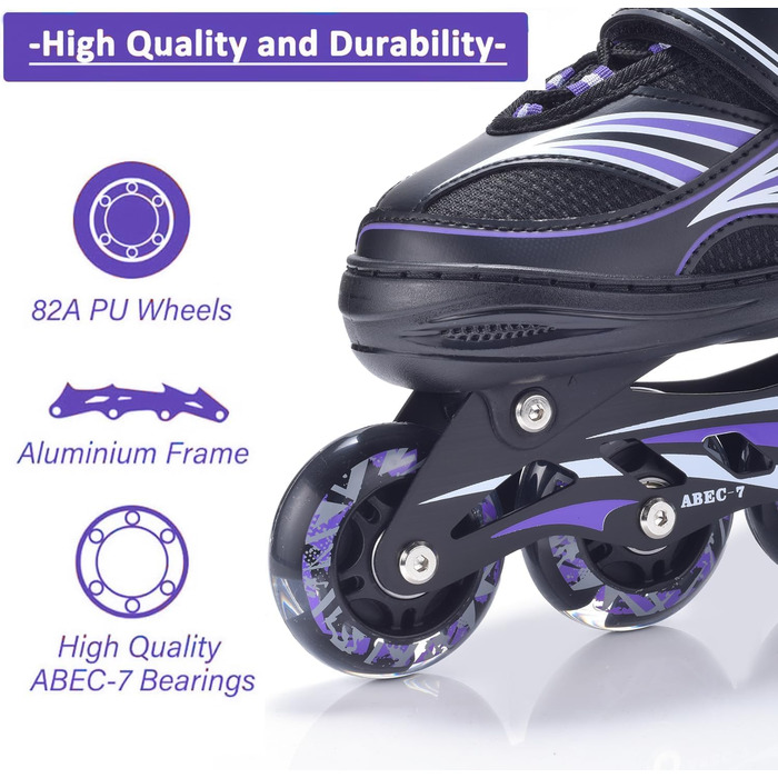 Дитячі ролики ERAN з регулюванням розміру. Роликові ковзани, регульовані на 4 розміри для дівчаток/хлопчиків/дітей, для використання в приміщенні та на вулиці, фіолетовий колір