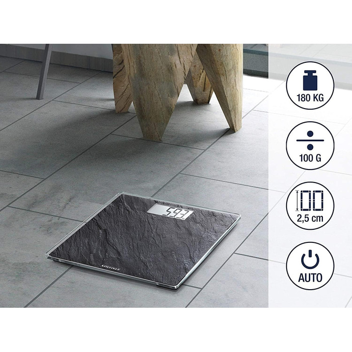 Електронна вага Soehnle Style Sense Compact 300 Slate, чорна, LCD-дисплей, плоский дизайн, велика платформа, максимальна вага 180 кг