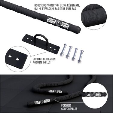 Тренувальний бойовий канат GORILLA SPORTS® - 9м/12м/15м, діаметр 38мм/50мм, з кріпленням, нейлон, чорний. Для силових тренувань, розвитку м'язів.