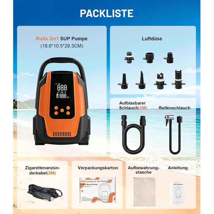Електричний насос для SUP дошки 50PSI 3-в-1, 12V, для човнів, каяків, автомобілів та надувних виробів
