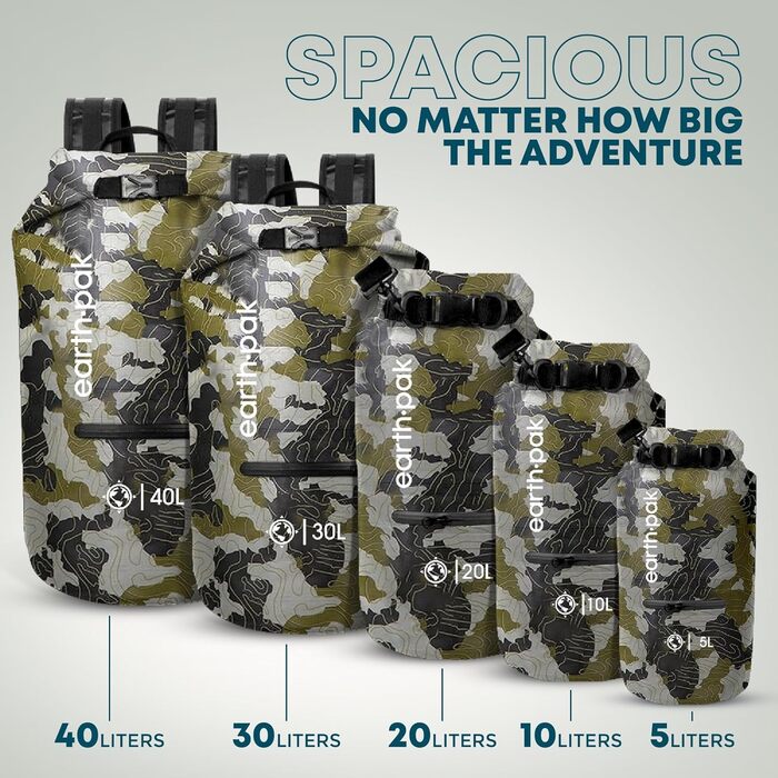 Водонепроникний рюкзак Earth Pak Dry Bag 40L – для каякінгу, кемпінгу, риболовлі, рафтингу, хакі (маскування)