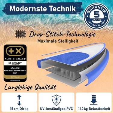 Надувний SUP Борд BRAST Tropic | Комплект для станд-ап паддлбордингу | 320x81x15см | 6 дизайнів | 5 років гарантії | з аксесуарами | 2в1: SUP та каяк, крісло, тримач Action-Cam, петля для ніг, насос, рюкзак (Блакитний)