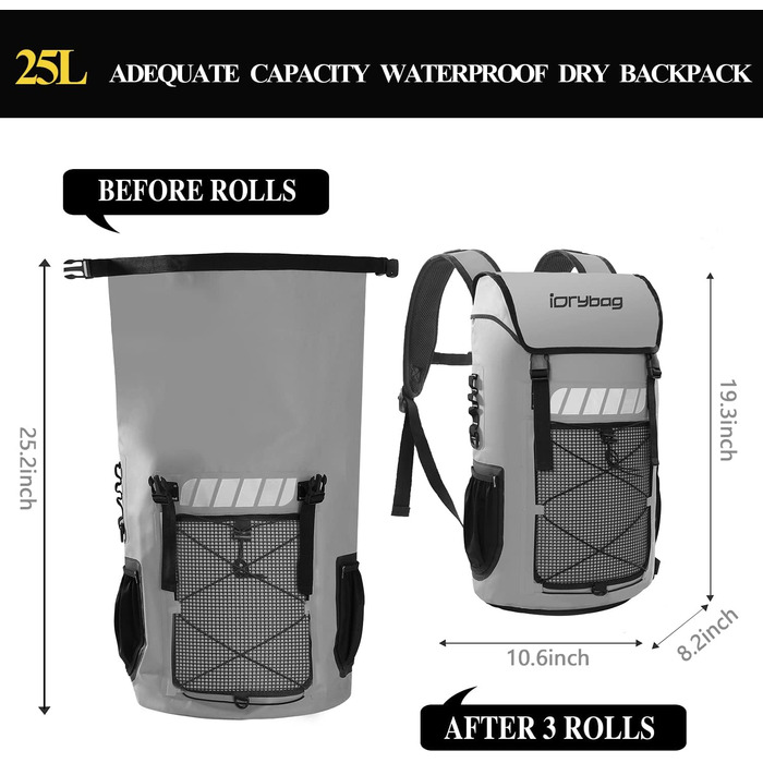 Водонепроникний рюкзак IDRYBAG для чоловіків, 25L - ідеальний для каякінгу та піших прогулянок (сірий)