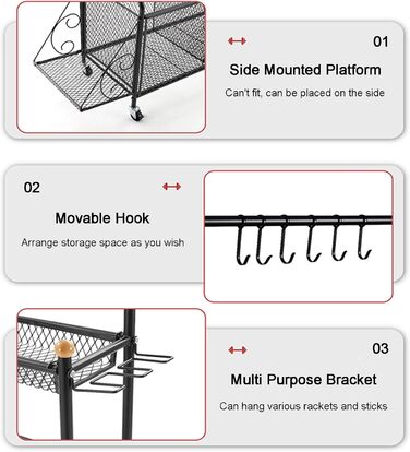 Стенд для зберігання тренувального обладнання: килимки для йоги, гантелі, штанги. З колесами та гаками. Чорний.