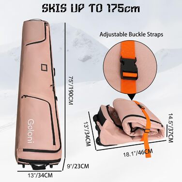 Чохол для сноуборда на колесах, водонепроникний, 600D, для подорожей літаком, вміщує 2 пари лиж (175см), рожевий