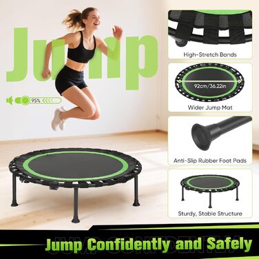 Трамплін для фітнесу в приміщенні, складаний, Ø101 см, 150 кг, стабільний та тихий, для дорослих (зелений)