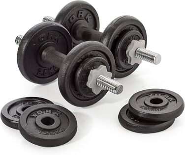 Гантелі York Fitness 20 кг зі змінними дисками, чавунні, набір 2 шт, чорні, регульовані спінлоки