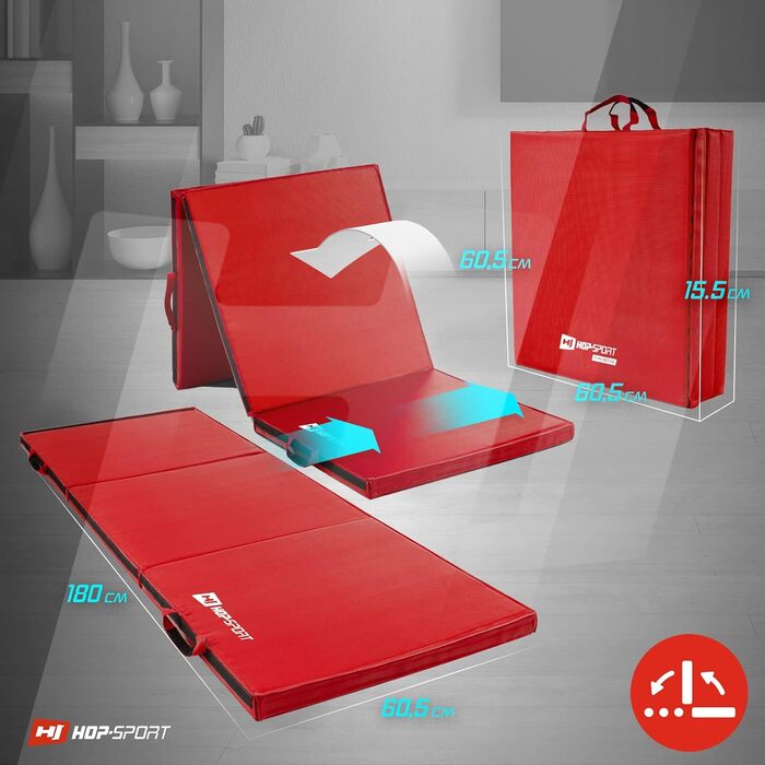 Складаний гімнастичний мат Hop-Sport 180x60x5 см, червоний, товщина 4/5 см – фітнес-мат для дому з ручками та липучкою