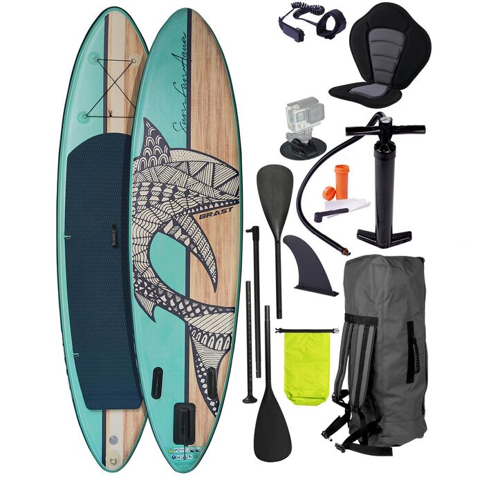 Надувний SUP-борд BRST Shark | Комплект для станд-ап паділбордингу | 320x81x15 см | 8 дизайнів | 5 років гарантії | з аксесуарами | 2-в-1: SUP та каяк, крісло, кріплення для Action-Cam, фіксатор для ноги, насос, рюкзак | Натуральний колір