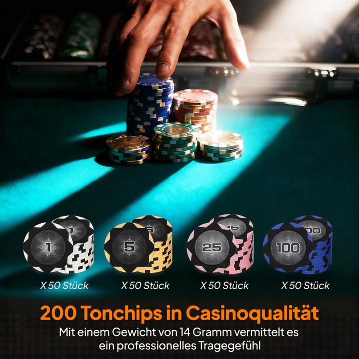 Набір покерних фішок у кейсі, з кубиками, кнопкою ділера, 2 колодами карт, сріблястого кольору