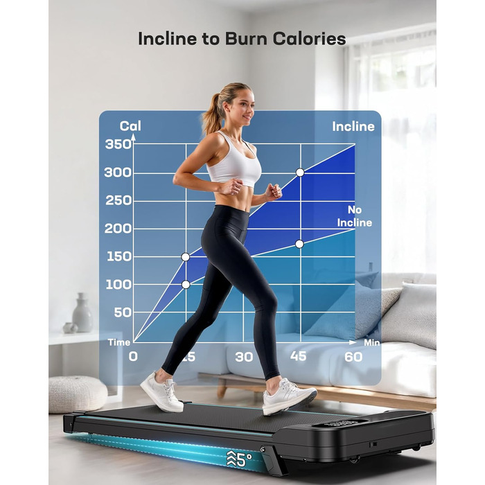 Бігова доріжка HUANUO Walking Pad для дому та офісу з нахилом 5%, вантажопідйомністю 150 кг, 2.5 к.с., з пультом та LED-дисплеєм, чорна