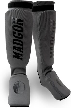 MADGON Захист гомілки для MMA, кікбоксингу, тканинні щитки для ніг, розмір L, сірий/чорний, зручна посадка та вентиляція, 1 пара з мішком