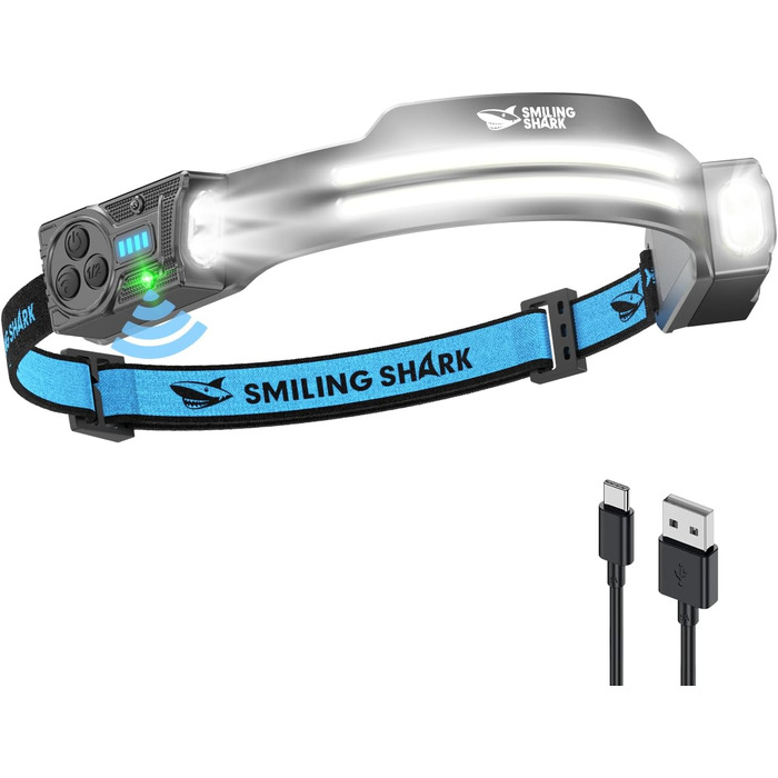 Ліхтар на лоб Smiling Shark TS-2, LED, акумуляторний, 2400mAh, з регульованим двома променями, стробоскопом та датчиком руху. Ідеально для кемпінгу, бігу, походів та інших активностей. (1 шт.)