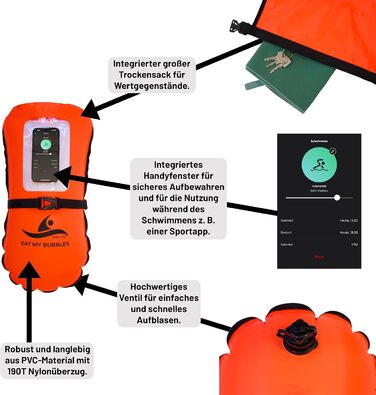 Надувна плавуча шийка Crea-Do для дорослих з мішком для сухого зберігання, кишенькою для телефону та сигнальним свистком. Об'єм 28L. Безпечне плавання у відкритій воді, триатлон, снорклінг, водні види спорту.