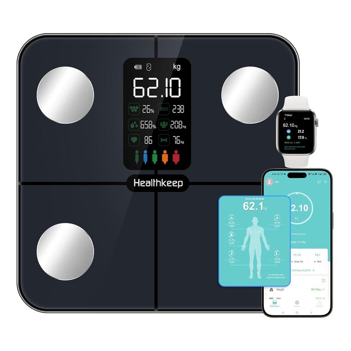 Ваги Healthkeep для вимірювання складу тіла: жир, м'язи, BMI, частота серця. Цифрова вага з дисплеєм, підключення до iOS та Android. Темний ціановий колір.