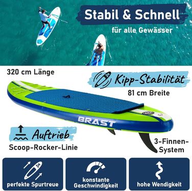 SUP дошка BRAST Shark надувна з аксесуарами: 320x81x15 см, 2-в-1 (каяк-сидіння), помпа, рюкзак, тримач для камери, страхувальний лиш (Зелений)