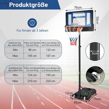 Стенд для баскетболу COSTWAY, 90-210 см, регульована висота, баскетбольний кошик зі стійкою, 2 колеса, мобільна конструкція, для дітей та підлітків, стійкий до погодних умов, indoor/outdoor, блакитний
